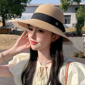 2023 Корейский стиль Новый женский Буква M Бант Лента Защита Солнце Лето Путешествия Широкополая соломенная шляпа