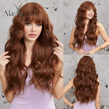 ALAN EATON Длинный волнистый коричневый парик с челкой Кудрявые синтетические парики для женщин Медно-коричневые парики для ежедневного косплея Термостойкие волосы