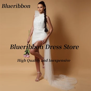 Blueribbon Soft Tulle Короткие выпускные платья Шея на шее из бисера Vestidos Des Fiesta Сексуальные дамы с открытой спиной носят свадебные платья для вечеринок