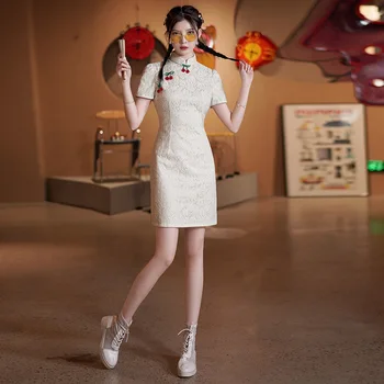FZSLCYIYI Сексуальная аппликация с бантом Шифон Qipao С коротким рукавом Мини Китайское Ежедневное Вечернее Платье Cheongsam