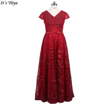 It's Yiiya Real Photo Вечернее платье V-образным вырезом с короткими рукавами Аппликации в пол A-Line Большие размеры Женщины Формальный Платье для вечеринки C1437