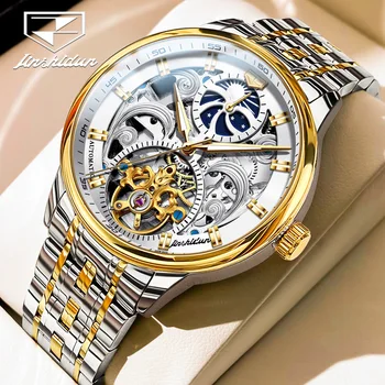 JSDUN Механические часы Скелетонизированный дизайн 50M Водонепроницаемые золотые наручные часы Часы из нержавеющей стали для деловых мужчин 8922G