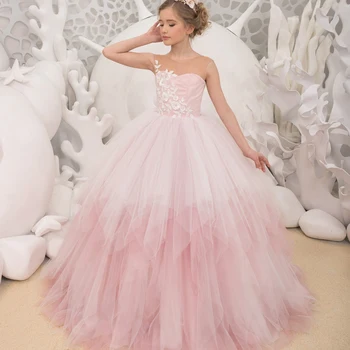 Lorencia Розовое платье для девочки-цветка для свадебных слоев Многоуровневый малыш Принцесса Маленькие дети Конкурсное платье Платье для первого причастия YFD64