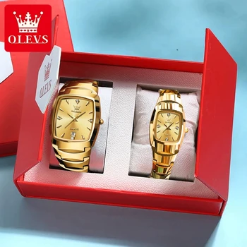 OLEVS 7006 Tonneau Вольфрамовая сталь Пара Часы для мужчин Женщины Роскошный бренд Кварцевые часы для любовника Его или ее водонепроницаемые наручные часы