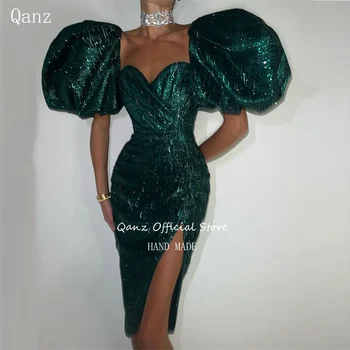 Qanz Блестящий Зеленый Выпускное Платье Женщины С Короткими Рукавами Разрез Блестящий Платье Вечеринка Вечер Элегантная Роскошь Знаменитости Vestidos De Noche