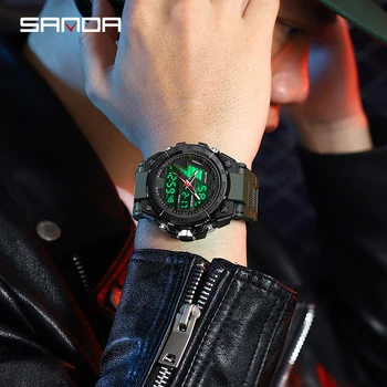 Sanda Watch 6137 Циферблат с двойным дисплеем 50M Водонепроницаемые цифровые часы Спортивные электронные часы Лучшие роскошные часы Мужчины Военные