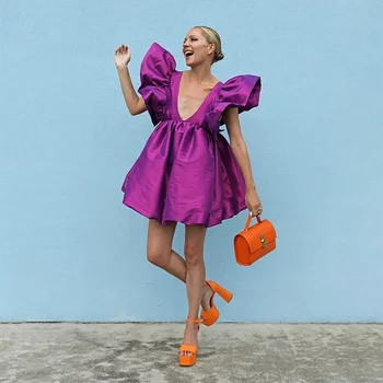 Verngo Фиолетовое мини-платье для вечеринок с короткими рукавами Атласные платья с глубоким V-образным вырезом для особых случаев Вечернее платье принцессы 2024