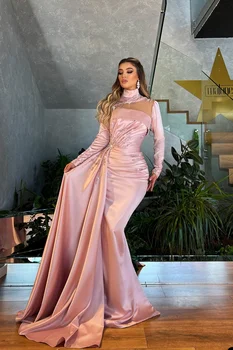 Vestidos de fiesta Розовые атласные выпускные платья русалки Вечернее платье с высоким воротником и длинными рукавами блестящее вечернее платье с пайетками и шлейфом вечернее платье