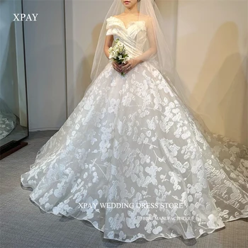 XPAY Элегантные свадебные платья из полного кружева в Корее Фотосессия С плечами Великолепные свадебные платья с фатой из тюля на заказ