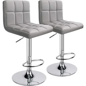 Барные стулья, современный регулируемый вращающийся барный стул из искусственной кожи со спинкой, набор из 2 шт. (светло-серый)