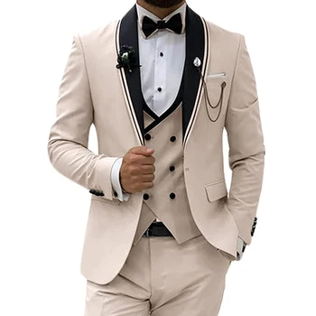 бежевый повседневный мужские костюмы из 3 предметов 2023 Жених Смокинги для мужчин Свадебный выпускной набор (куртка + жилет + брюки)