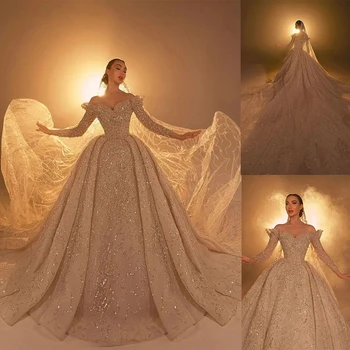 Блестящие свадебные платья с пайетками с открытыми плечами Принцесса Свадебные бальные платья с длинными рукавами Изготовленные на заказ Vestidos De Novia