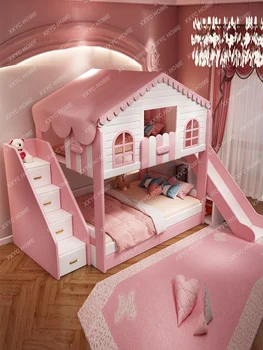 Верхняя и нижняя ширина Кровать Двухъярусная кровать Двуспальная верхняя и нижняя кровать Девочка Домик на дереве Принцесса Ребенок и мать Высота двухъярусной кровати