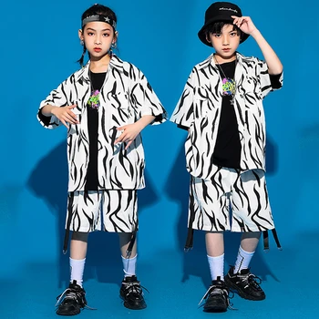 Детский хип-хоп костюм Джаз Танцевальная одежда Зебра Принт Рубашки Костюм с коротким рукавом Девушки Современное исполнение Рейв-уличная одежда BL6000