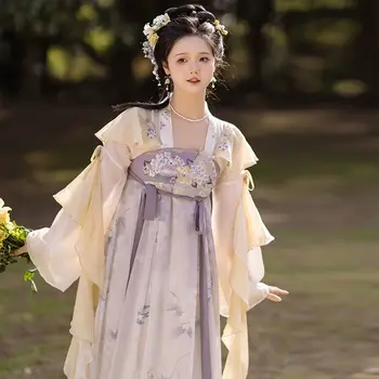 Древний женский стиль Ханьфу летом, китайская сказочная юбка, китайская юбка на груди и трехцветное шелковое платье с вышивкой