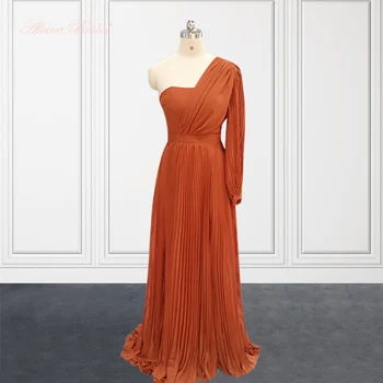 Жженый оранжевый платья подружек невесты с длинным рукавом 2023 Одно плечо Плиссе Шифон Свадебные платья для женщин