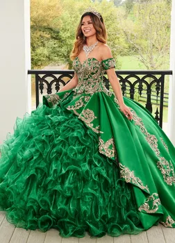 Зеленый Чарро Quinceanera Платья Бальное платье с открытыми плечами Аппликации из органзы Пышные мексиканские сладкие 16 Платья 15 Anos