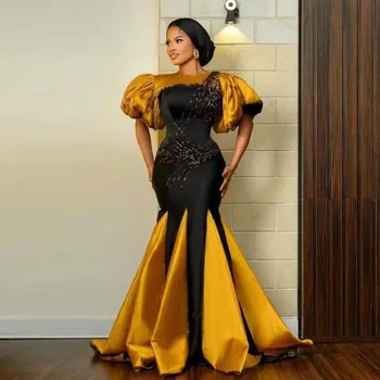 Золотое и черное Aso Ebi Выпускные платья Большие размеры Африканское Нигерийское Вечернее Платье Смешанный Цвет Русалка Вечернее Платье Из Бисера