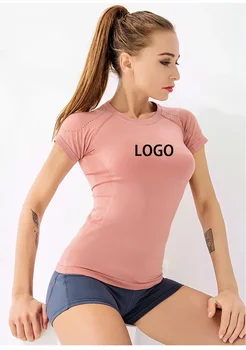 Индивидуальный логотип Быстросохнущая футболка для бега Женская женская футболка с коротким рукавом Спортивный обтягивающий топ Лето Сетка Красный Тонкий Сексуальный Фитнес Йога Платье