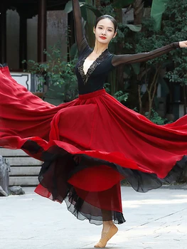 китайский стиль классический народный танец длинная юбка практика сценическое выступление одежда струящийся двойной теншелк 720 градусов юбка