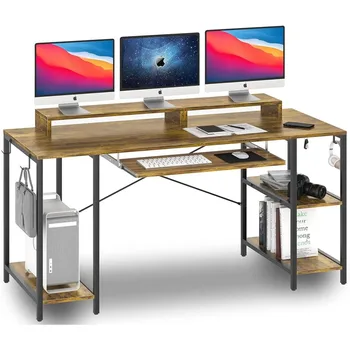 Компьютерный стол HYPIGO с лотком для клавиатуры и 2 подставками для мониторов, длинный стол с полками для хранения, все аппаратные инструменты в комплекте
