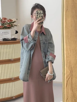 корейский стиль комплект одежды для беременных блочный цвет джинсовая куртка + ремешок платье твинсет беременная женщина джинсовое пальто без рукавов платье костюмы