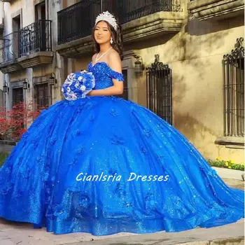 Королевский синий 3D цветы с плеч Quinceanera Платье Бальное платье Кристалл Бисероплетение Корсет Vestidos De Quinceañera