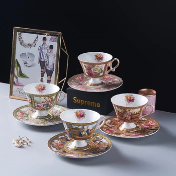 Кофейные чашки с розой на высоких ногах, костяной фарфор, средневековая кофейная чашка, набор блюдец, набор чайных чашек, кофейная посуда, чайная посуда, домашняя кухонная утварь