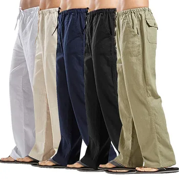 Летние мужские однотонные льняные прямые повседневные брюки с несколькими карманами плюс дышащие удобные свободные брюки большого размера