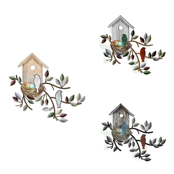 Металлическое висячее дерево с скворечником Настенное искусство Наружный настенный декор Украшения для птиц для дома Декор стен из металлического листа