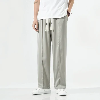 Мужская брендовая одежда Однотонные прямые брюки Мужские эластичные повседневные спортивные штаны с талией Винтажные брюки из ледяного шелка в китайском стиле