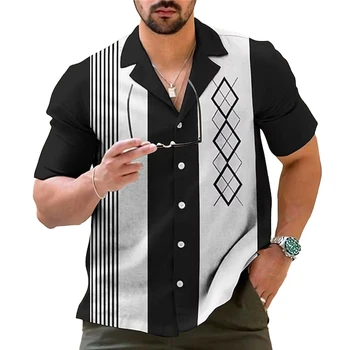  Мужская повседневная рубашка для боулинга в винтажном стиле в полоску с коротким рукавом и пуговицами идеально подходит для повседневной одежды и вечеринок