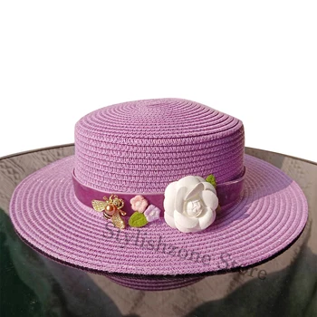 Новая светло-фиолетовая летняя женская пляжная шапка с плоским верхом Женская повседневная панама Женская классическая плоская верхняя золотая бархатная лента Солома H