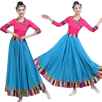 Новый китайский традиционный костюм Сценический танец Одежда Народные костюмы Выступление Фестиваль Тибетский наряд Длинные юбки для танцующих женщин