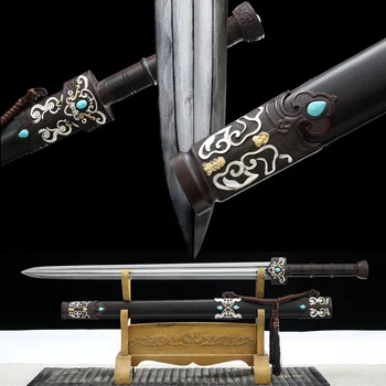 очень красивый китайский меч цзянь кунг-фу ханьцзянь глина закаленная дамасская сталь клинок черная оболочка медная фурнитура полный тан ницца
