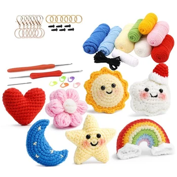  Полные наборы для вязания крючком для начинающих, DIY Sun Stars Moon Crochet Kit с маркерами для вязания Easy Yarn Ball, инструкция Простая установка
