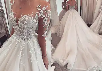Принцесса Свадебное платье иллюзия Длинные рукава кружевная аппликация Бальное платье Платье для невесты Свадьба на заказ 2024