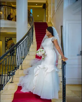Простое белое атласное свадебное платье с круглым вырезом без рукавов кружева русалка лента тюль на заказ вечернее платье с оборками Vestido De Gala