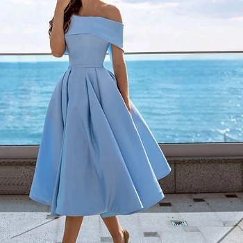 Простое синее атласное вечернее платье с открытыми плечами лодочкой на шее A-line Party Выпускные платья Короткие шнуровки Официальное вечернее платье