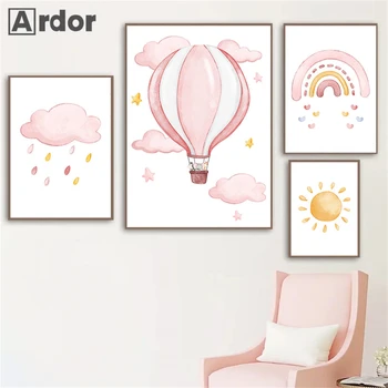 Розовые облака Воздушные шары Плакаты Картина на холсте Радуга Художественные принты Детский плакат Скандинавские настенные картины Декор комнаты для девочек