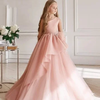 Розовый ангел Тюль Платье для девочек на одно плечо Принцесса Бал Красоты Конкурс красоты Детская мечта Сюрприз Подарок на день рождения
