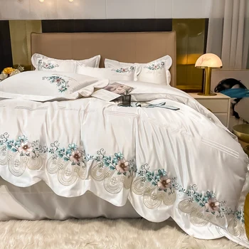 Роскошный элегантный набор постельного белья с вышивкой цветком розы Гладкий пододеяльник Queen King Постельное белье для девочек Princess