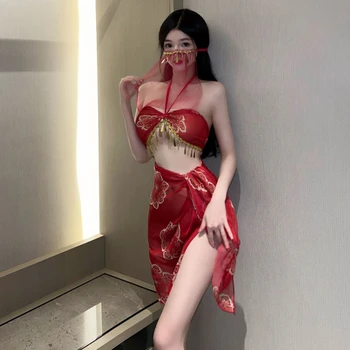 сексуальное нижнее белье ролевая игра танцор экзотические костюмы косплей ханьфу юбка красный китайский традиционный женская одежда перспектива взрослый набор