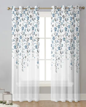 Сине-серый цветок Прозрачные оконные шторы Спальня Гостиная Тюлевые шторы Вуаль Шторы для кухни
