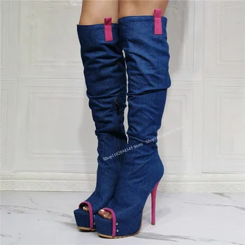 Синие сапоги на платформе с открытым носком и молнией Красный тонкий высокий каблук выше колена Модная сексуальная женская обувь лета 2023 года Zapatillas Mujer