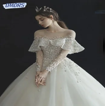Современное свадебное платье с вырезом лодочкой Белые аппликации Свадебное платье Простое элегантное свадебное платье до пола Vestidos De Novia