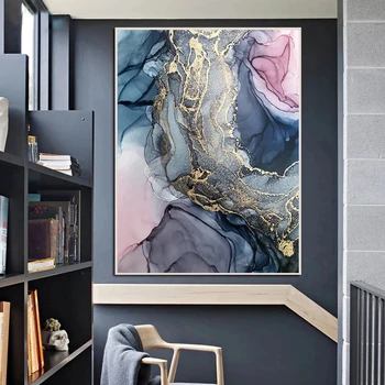 Современные абстрактные золотые линии тушь на холсте живопись красочные настенные картины синий дым плакаты и принты для декора гостиной