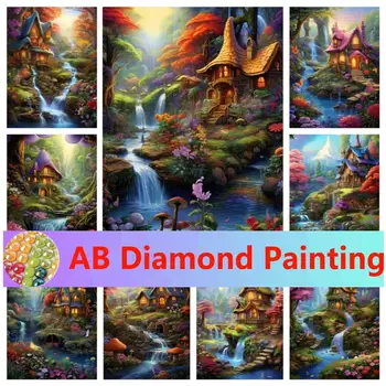 Страна чудес Алмазная живопись Пейзаж 5D DIY Алмазная вышивка Цветок Водопад Грибной дом Мозаика Вышивка крестом