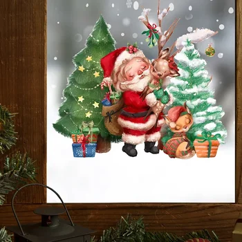 Счастливая рождественская елка и Санта-Клаус Подарочная коробка Наклейки на стену для гостиной, спальни, стеклянного окна, домашнего дома, декоративных наклеек