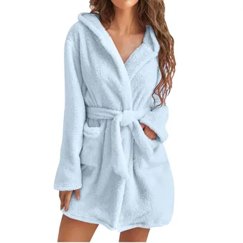 Твердый душ Кимоно Халаты с капюшоном для женщин Полотенце с длинными рукавами Халат с поясом для талии Женские хлопковые пижамы для домашнего ношения